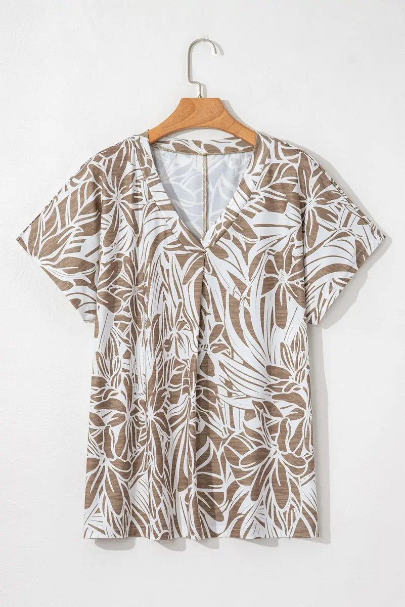 Khaki Floral Print V Neck Short Sleeve Loose Fit Blouse - Love Salve